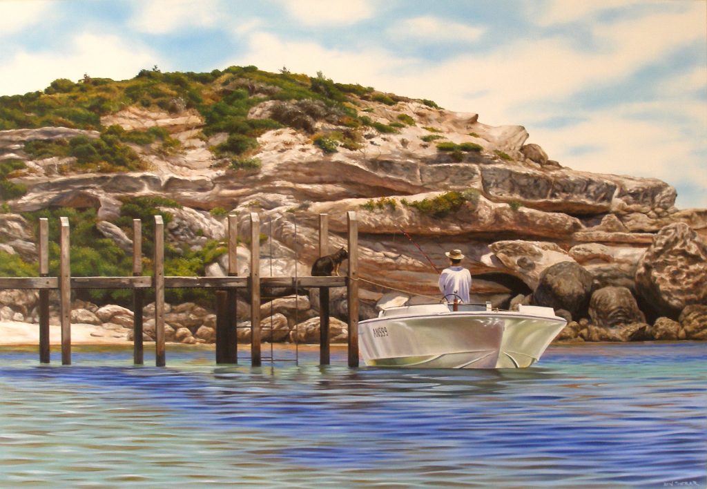 Original Oil Painting on linen by Ben Sherar of a boat moored at the jetty on Gnarabup beach, Margaret River