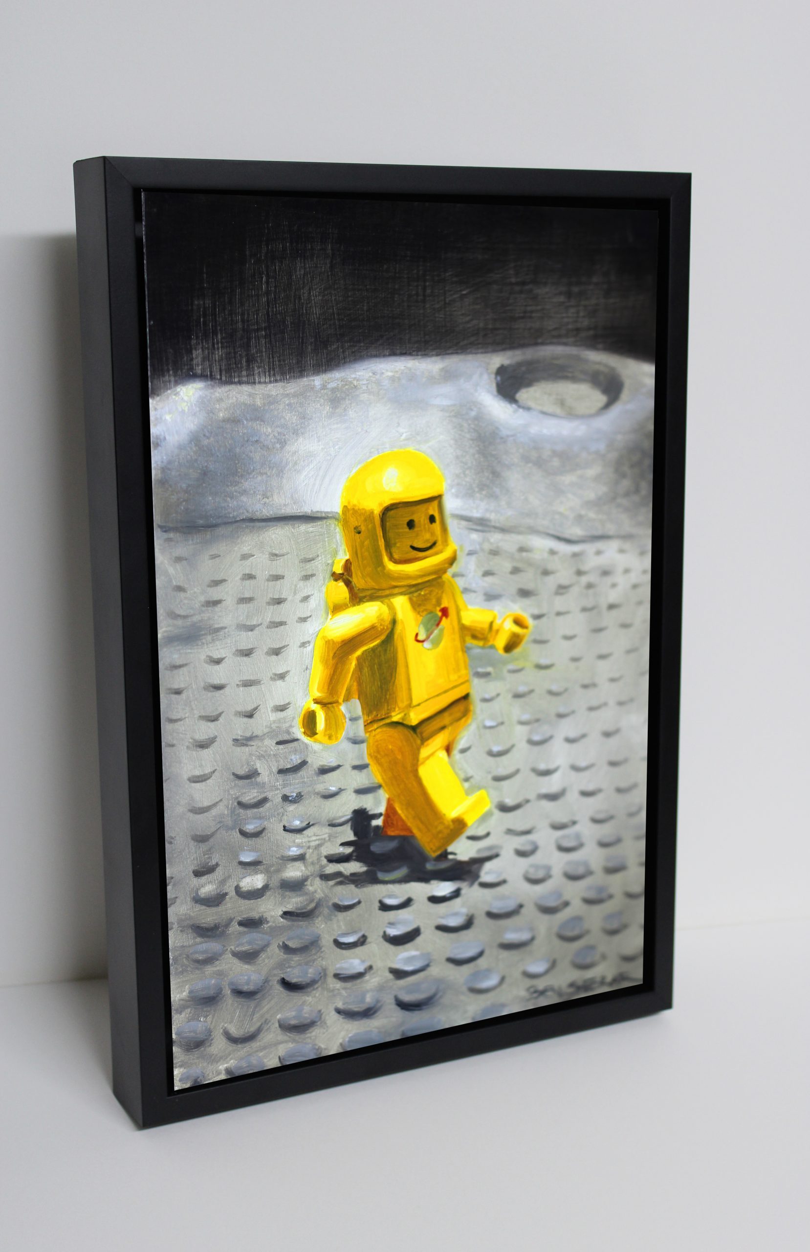 Original Framed Oil Painting of a vintage Yellow Spaceman Toy by ben Sherar
