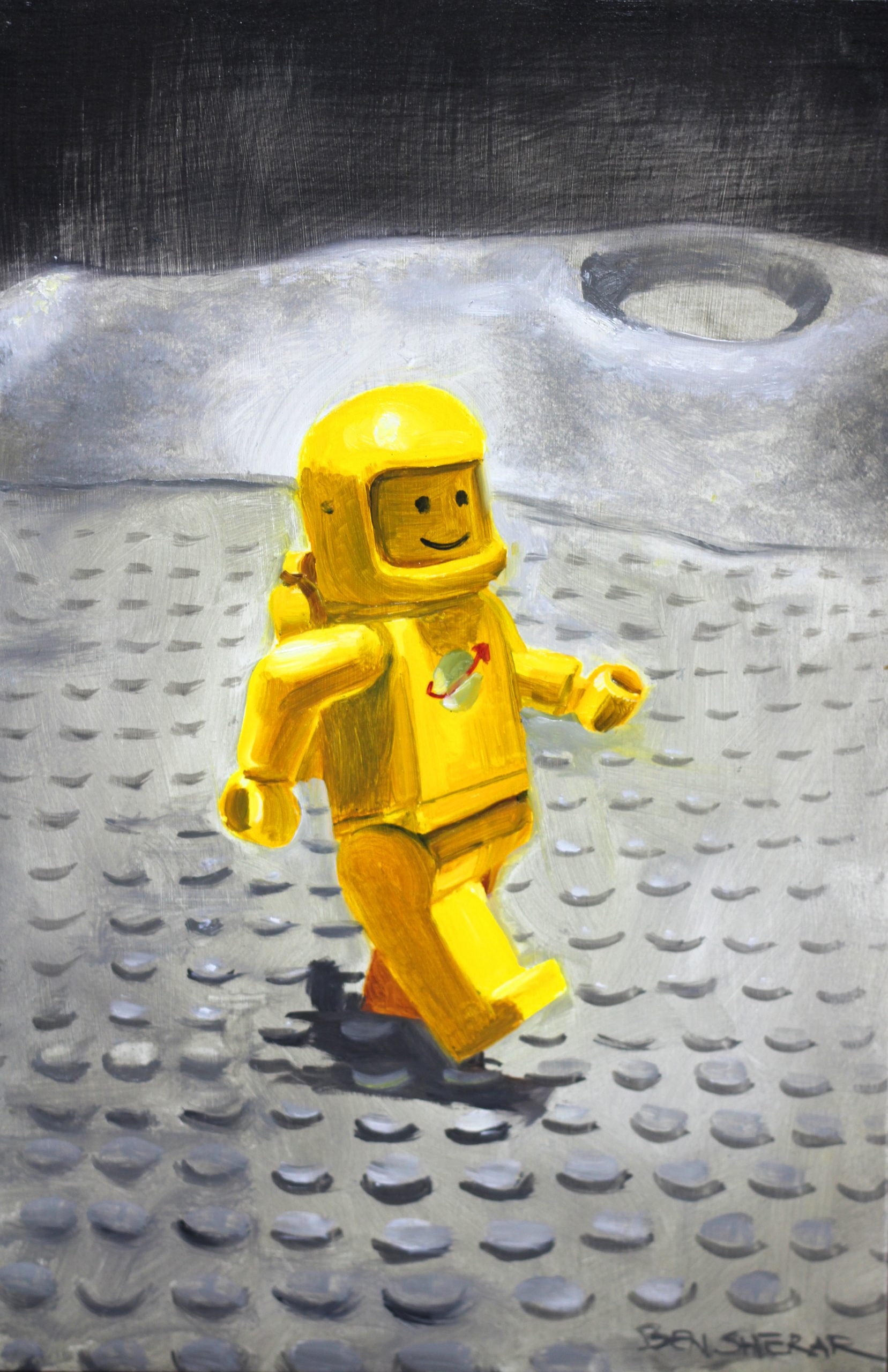 Original Oil Painting of a vintage Yellow Spaceman Toy by ben Sherar