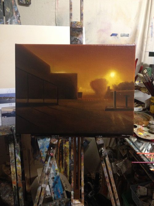 A painting of an alleyway at night
