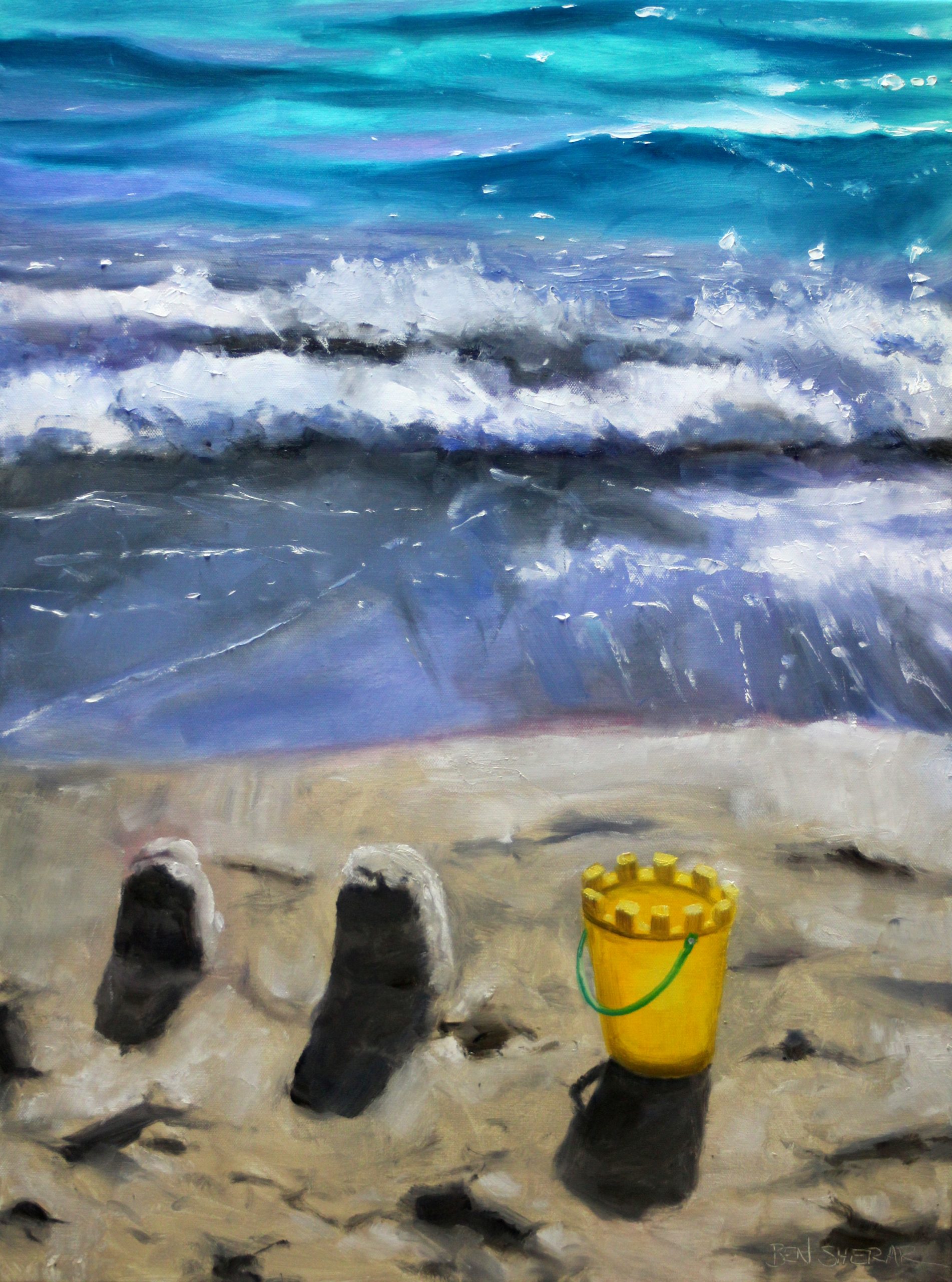 An original oil painting by Western Australian Artist Ben Sherar of breaking waves on a beach shore