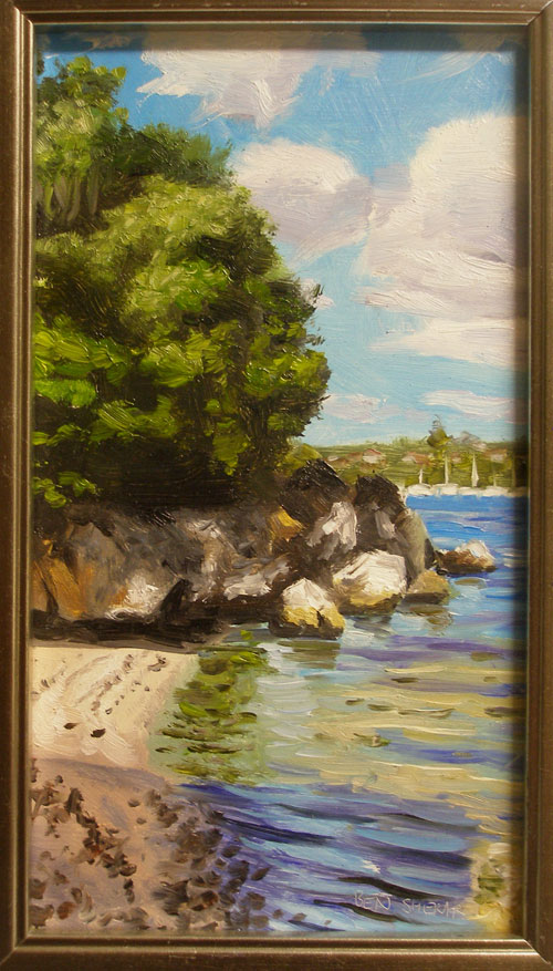 A small plein air oil painting of a river