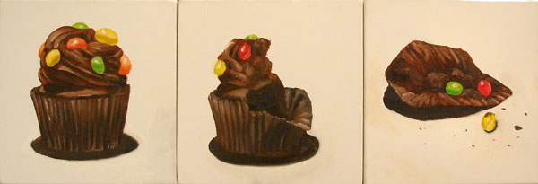 Three paintings of a cupcake