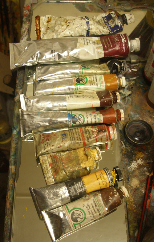 Oil paints laid out ready to paint with