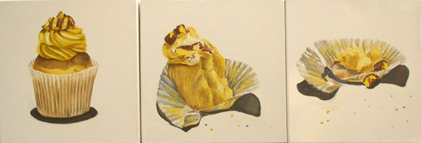 Three paintings of a lemon cupcake
