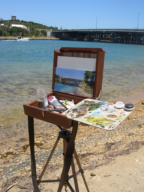 A plein air painting setup looking at the Old Traffic Bridge in Fremantle Western Asutralia