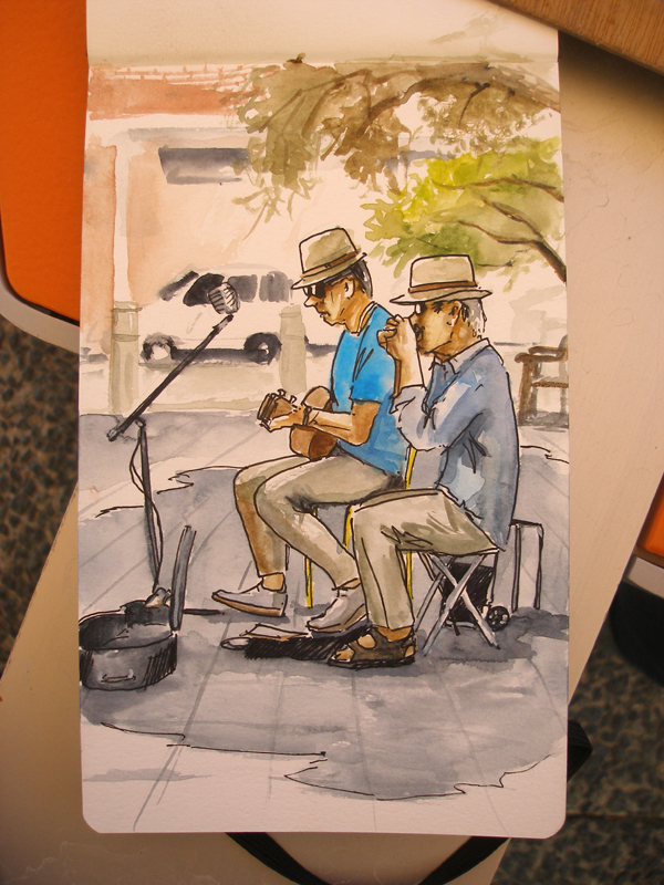 A watercolour drawing of buskers in Fremantle