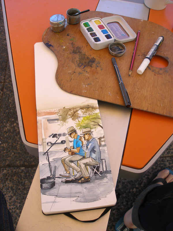 A watercolour drawing of buskers in Fremantle
