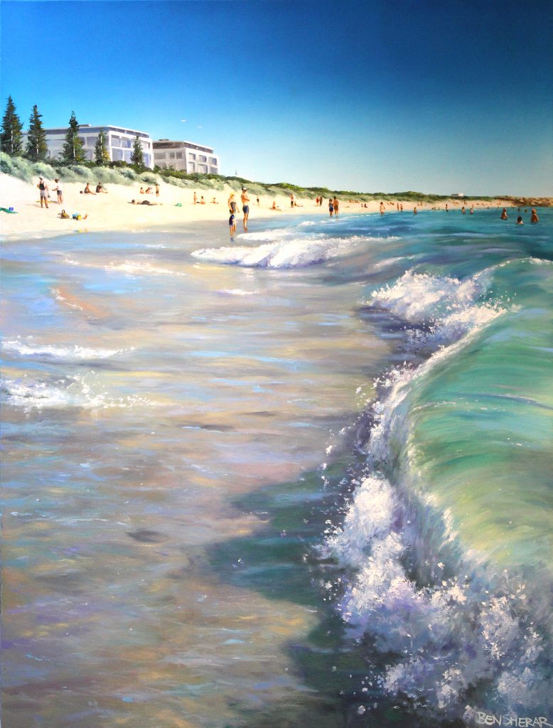An original oil painting depicting a wave crashing on the shore in summer at popular South Beach in South Fremantle