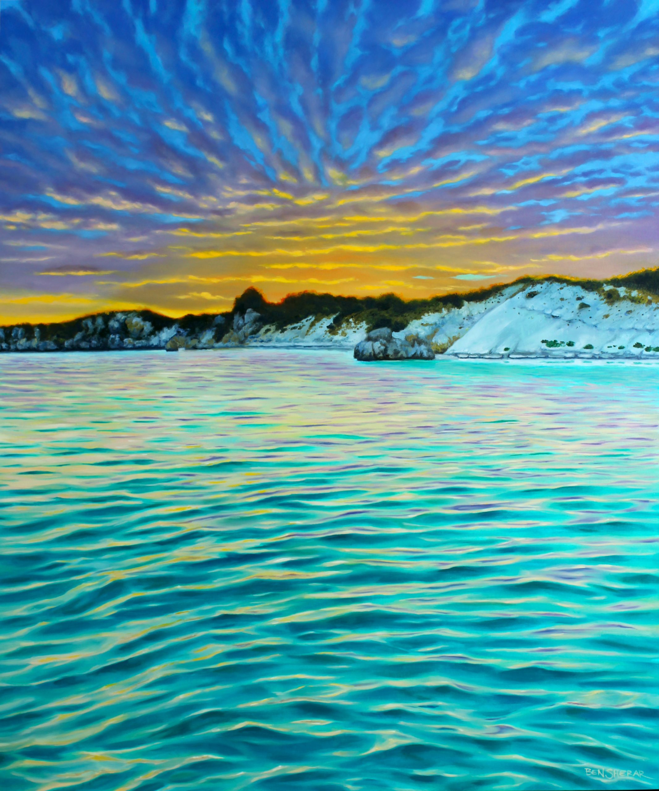 An original oil painting by Western Australian Artist Ben Sherar depicting a sunset over Garden Island off the coast of Perth