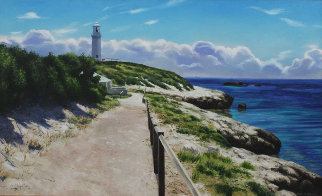 An original oil painting by ben Sherar depicting bathurst Lighthouse on Rottnest Island, just off the coast of perth in Western Australia
