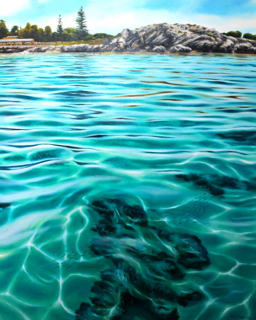 An original oil painting by Western Australian Artist Ben Sherar depicting a popular swimming spot on Rottnest Island off the coast of Perth