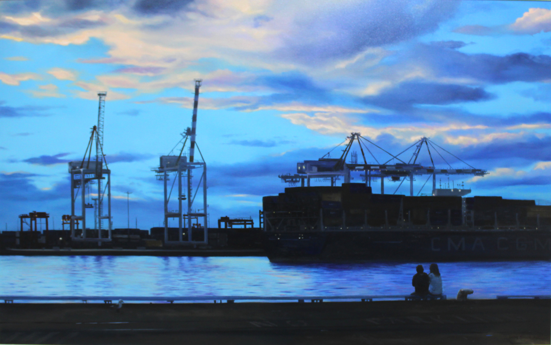 An original oil painting by Western Australian Artist Ben Sherar showing late afternoon over Fremantle Port