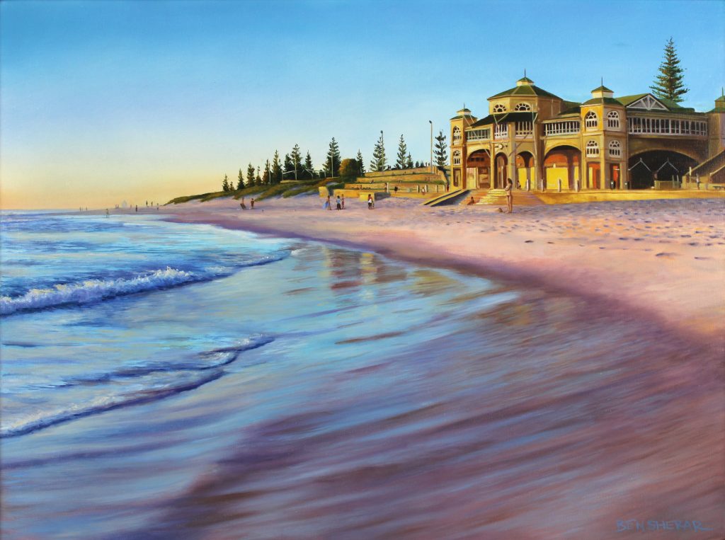 An original artwork by Western Australian Artist Ben Sherar depicting late afternoon at Cottesloe Beach on the shores of the Indian Ocean