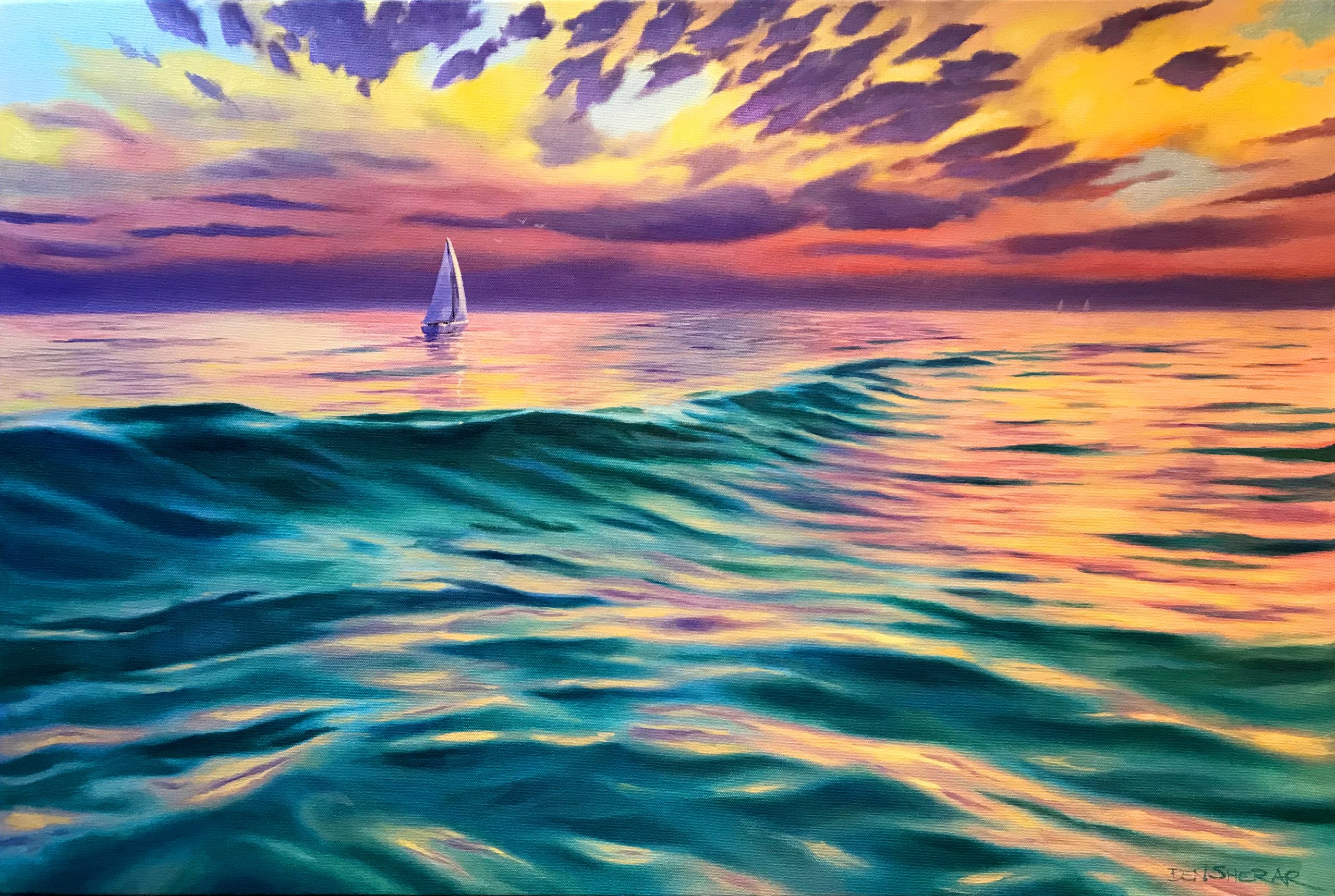 An original oil painting by Western Australian Artist Ben Sherar depicting a sunset over the ocean